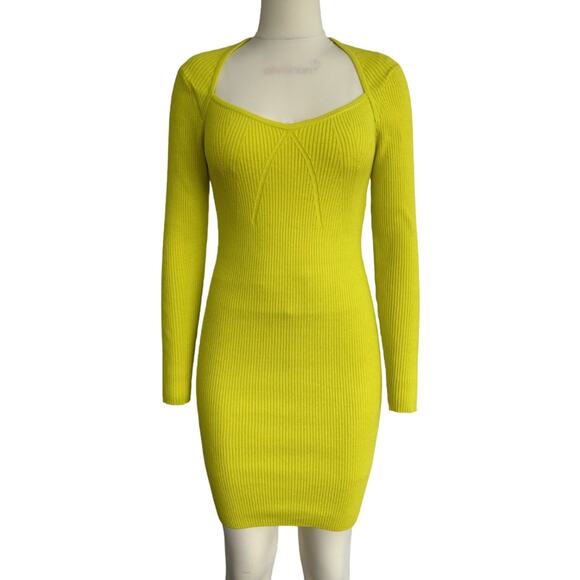 Westbridge Apparel Neon Yellow Ribbed Knit Long Sleeve Bodycon Dress Size M NWT - Picture 8 of 10